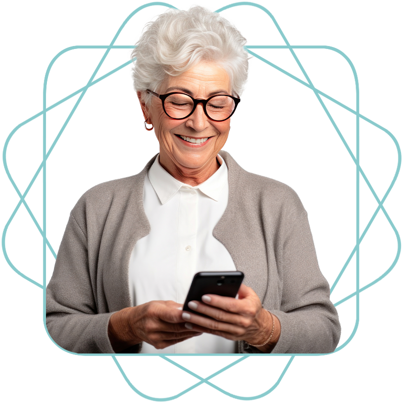 older implant patient smiling on phone